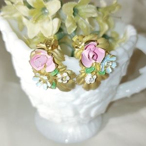 Vintage Floral Earrings Painted Roses & Rhinestone